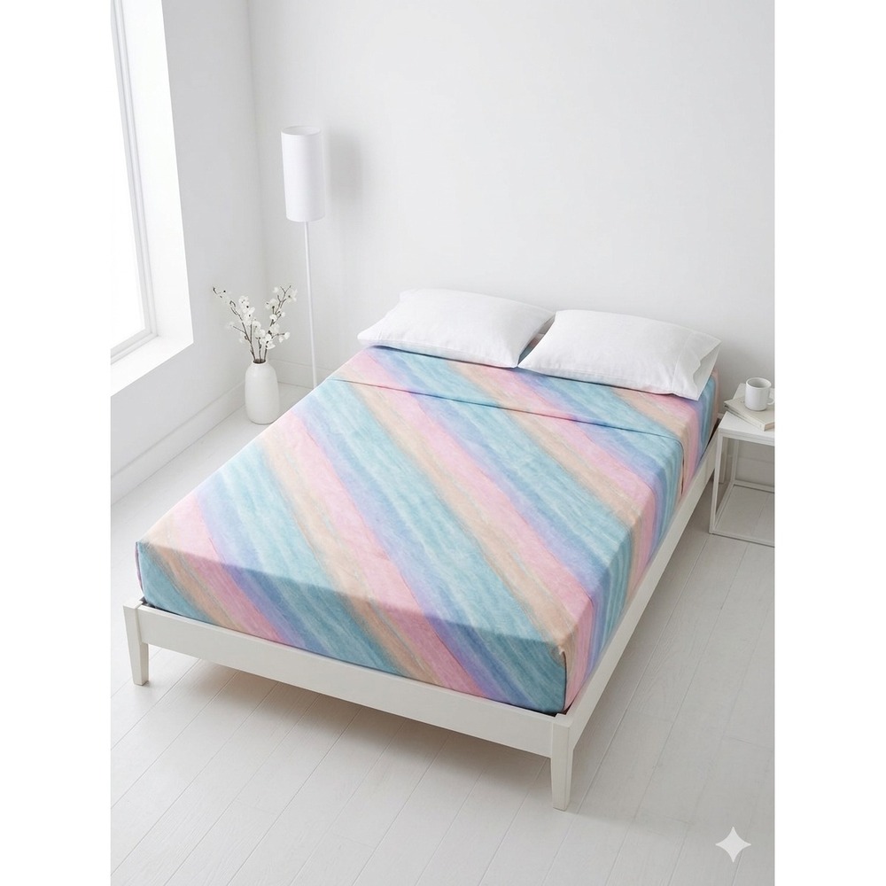 Vintage Burlington House Full Sheet Set Flat Fitted Pastel Watercolor Stripe